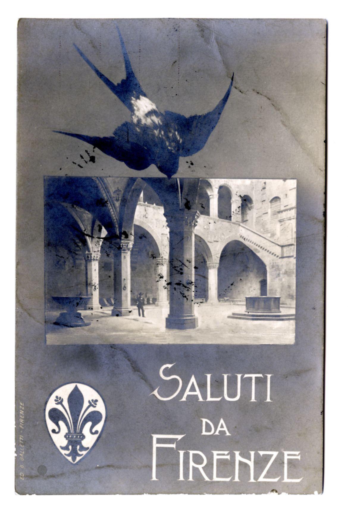 The image is a vintage postcard with a monochromatic, sepia-toned appearance. It features an illustration of a bird, possibly representing a swallow or swift, flying against the backdrop of what appears to be historical architecture reminiscent of Italian Renaissance structures such as arches and columns. Beneath this scene, there's a grayscale photograph that captures more detailed architectural elements including multiple arched doorways and windows typical of historic European buildings.

The central focus at the bottom of the card is text in bold capital letters stating "Saluti da Firenze," which translates from Italian to English as "Greetings from Florence." This indicates that the postcard originates from or represents the city of Florence, known for its significant cultural heritage. Additionally, there's a coat of arms featuring a stylized fleur-de-lis within a shield with three petals and leaves, resembling the symbol often associated with French royalty but is also recogni