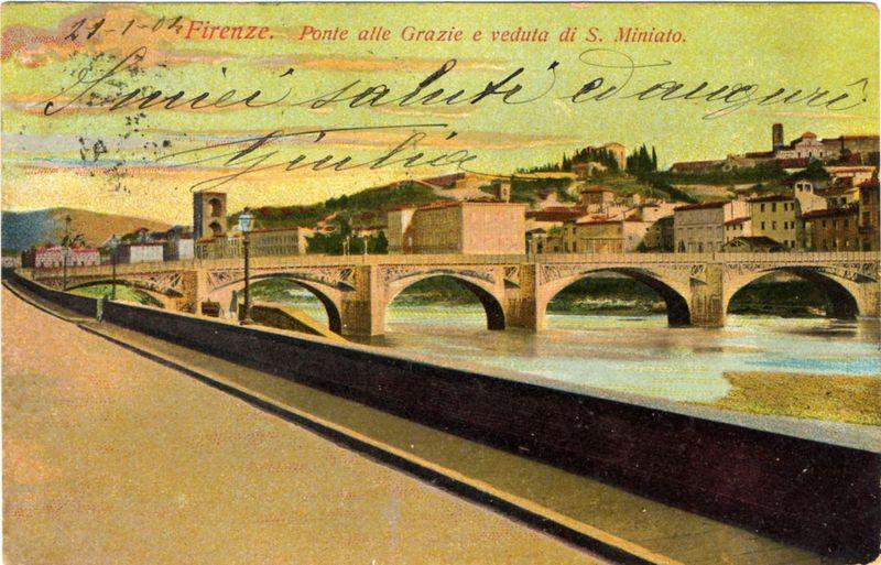 The image depicts a colorful postcard featuring an illustration of the Ponte alle Grazie bridge and its surroundings in Florence, Italy. The scene is rendered with warm hues, showcasing the golden sunlight reflecting off the water surface below the arches of the bridge. There are buildings on both sides of the riverbank, illustrating a quaint town atmosphere typical of Florentine architecture. Overlaid across the top portion of the postcard are cursive and printed inscriptions in Italian that translate to "Firenze" (Florence) and other phrases likely indicating ownership or authorship details related to the artwork. The bottom left corner displays date stamps, suggesting this image is part of a historical collection.