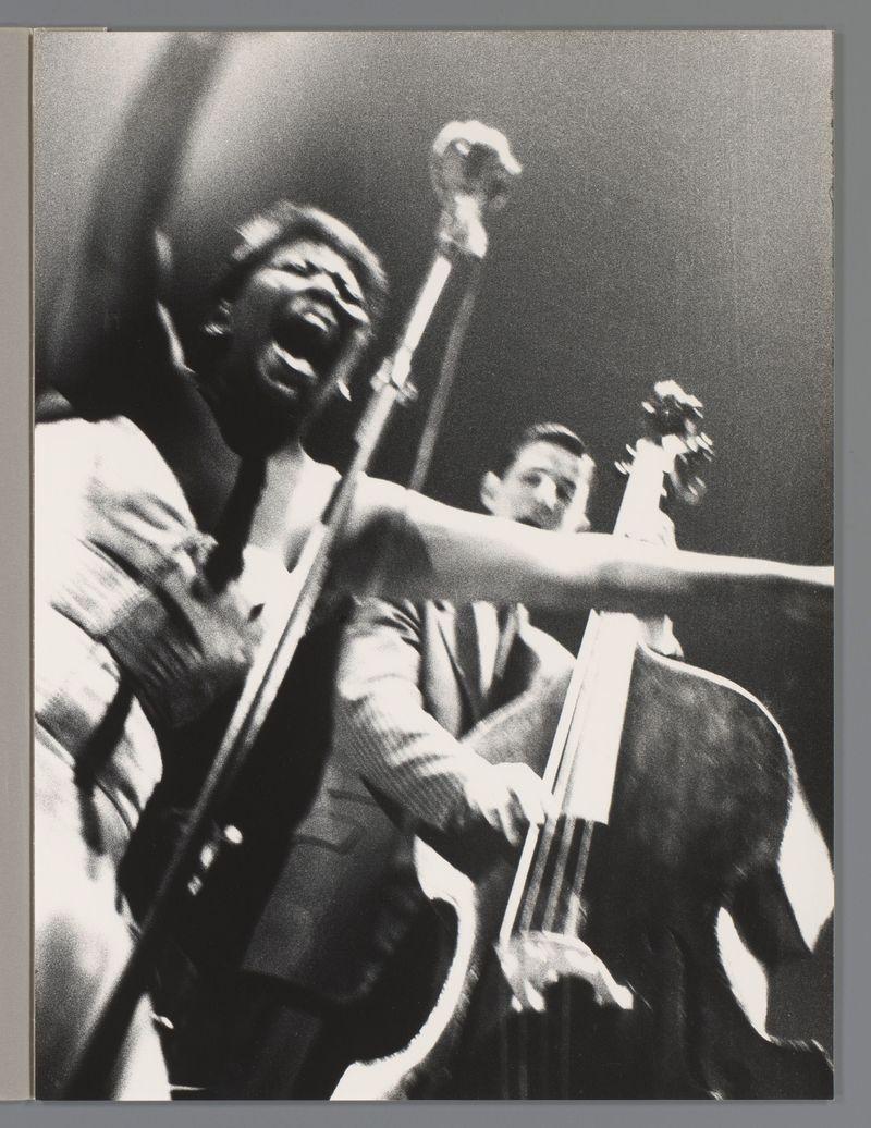 The image is a black and white photograph capturing two individuals, likely musicians given the context. The person in the foreground appears to be an intense singer or performer with their mouth wide open as if singing passionately into a microphone stand. They are wearing what seems like a dress jacket over a shirt. Behind them, another individual can be seen holding a double bass and looking toward something off-camera with a focused expression. This second person is dressed in formal attire suitable for live performance settings.

The background of the photograph is blurred but suggests an indoor setting typical of concert venues or theaters, possibly lit by stage lights which contribute to the high-contrast black-and-white effect seen throughout the image. The composition and posture of both subjects suggest a dynamic moment during a musical performance.