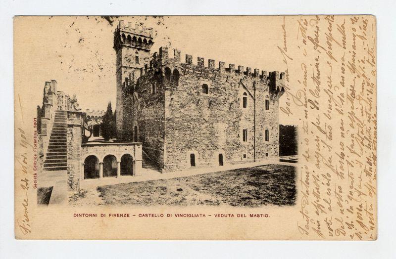 The image depicts a historical photograph showcasing the "Castello di Vincigliata" castle in Florence, Italy. The structure is made of stone with medieval architecture features such as arched entryways and battlements on top of towers for defense purposes. There's an inscription at the bottom left corner indicating it was taken by Società Editrice Fiorentina, dated June 1905.

The photograph has a weathered look characteristic of old prints or postcards from that era. Visible handwriting is also present in several places across the image, likely notes or annotations added after its creation, suggesting personal ownership or additional commentary on it. The bottom right corner contains more text in Italian referring to another location "Veduta del Mastio," which could be a viewpoint of the masthouse associated with this castle.

Given that there is an explicit mention of 'Ferro Candilera' and provided link, one might infer some context about a particular feature or landmark related 