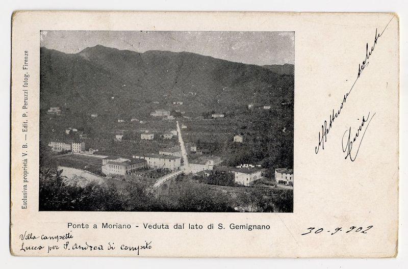 The image shows a vintage postcard featuring a black and white photograph of the Ponte a Moriano, viewed from the side opposite Saint Gemignano. The landscape includes buildings with distinct rooftops nestled among mountains in the background. A handwritten signature appears on the right-hand side. Below this main section is printed text providing location details: "Ponte a Moriano - Veduta dal lato di S. Geminiano," suggesting it's an image of Saint Gemignano taken from across the bridge at Ponte a Moriano.

Additional information includes credits for the editor and photographer, P. Peruzzi, with the photograph titled as part of Firenze Edit. P.'s collection. There is also handwritten notes which seem to be personal annotations or comments related to the image or its presentation on "compito," though they are not fully legible in this context.

The date stamp indicates September 30th, 1902, anchoring it firmly in historical timeframes for photography and postal cards. The overall 