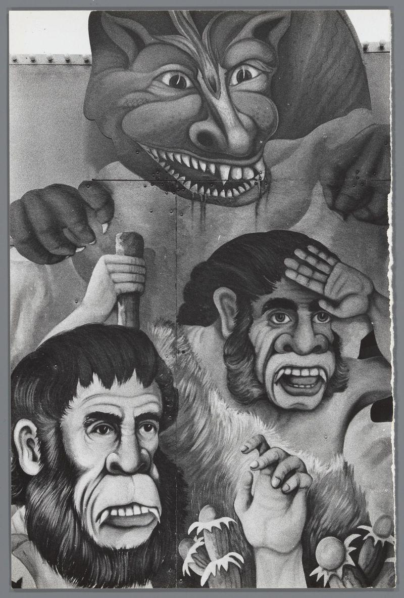 The image displays a black and white collage featuring three distinct figures, each with exaggerated facial features reminiscent of animals. The top figure appears to be an anthropomorphic creature resembling the head of a monkey or ape with prominent eyes, large ears, and sharp teeth that are bared in what could be interpreted as aggression or threat.

Below this menacing face is another character who seems more human-like but still retains animalistic traits such as fur around the neck. This figure has one hand raised to its forehead as if shielding from a vision or expressing concern. The other hand grasps something resembling an object, possibly food based on the presence of what looks like flower-like shapes at the bottom.

The third character is significantly larger and fills much more of the image's space compared to the first two figures. This creature has human characteristics such as hands with visible fingers but also features animalistic elements like a snout or muzzle 