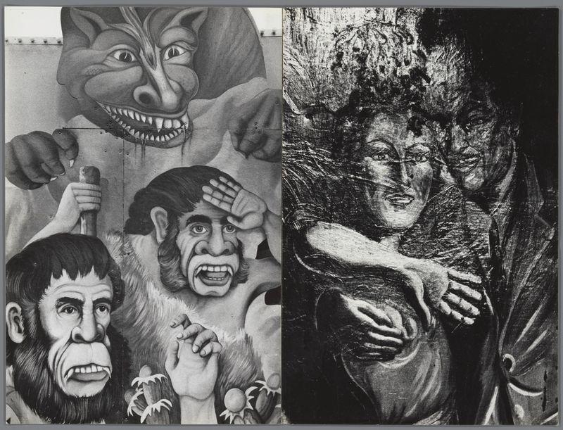The image displays a collection of black-and-white drawings that evoke dark and dramatic themes. The left side shows four panels depicting eerie, stylized human figures with exaggerated features such as large eyes, fur, and prominent teeth, rendered in fine detail. One figure appears to be holding a club while another has its hand pressed against the face. A larger creature resembling an orc or monster is also visible.

The right side of the image shows two panels that seem to depict more realistic human subjects with intense expressions. The figures are drawn with heavy lines and shading, creating a sense of depth and texture in their skin. One figure appears to be holding something close to its chest while another looks on attentively. Overall, these drawings suggest themes related to conflict or sorrow.

This image is associated with the Amsterdam Photo Weekend event from 1958-2014 as part of "Kermissen op de Nieuwmarkt in Amsterdam" by Ed van der Elsken and it was mentioned on 