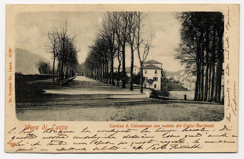 The image depicts an aged postcard with a sepia-toned photograph on the front. The scene in the photo appears to be from early 20th-century Italy, showcasing Cortina S. Colombano and its view of Corso Garibaldi as indicated by hand-written text at the bottom right corner. The street is lined with bare deciduous trees along both sides, leading towards a building on the left which seems partially obscured by foliage or smoke from chimneys in the distance. There's also another structure resembling an arched gateway ahead.

The top of the postcard features handwritten and printed information: "Corta S. Colombano con veduta del Corso Garibaldi" is hand-written, indicating a connection to Cortina di Lucca with a view of Corso Garibaldi, while the typed text reads as an address or identification number: "Co., Lipsia. 14186 Dr. Trenkler Co." The bottom left corner has additional handwritten annotation in red ink that appears personal and possibly not intended for public viewing.

The backg