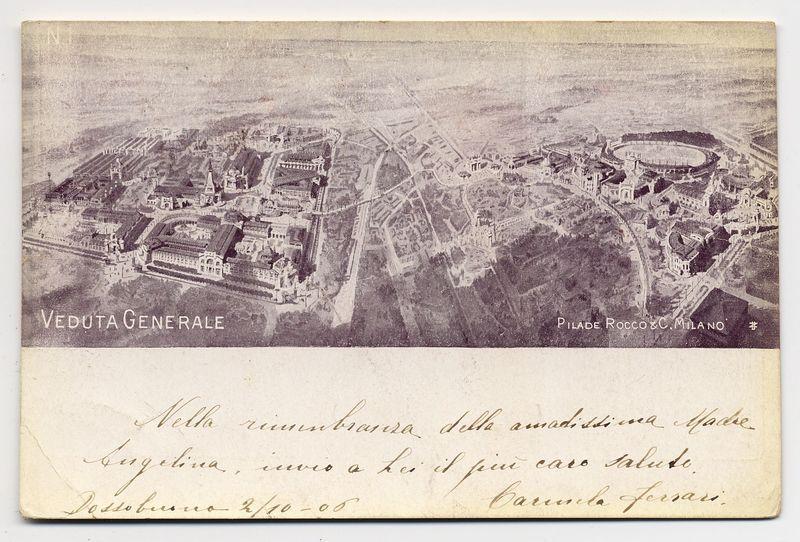 The image is a vintage postcard featuring an aerial view of the General View or Veduta Generale, which appears to be from a fair held in Milan. The card has handwritten annotations and signatures, suggesting personal ownership or correspondence. At the top left corner, "Veduta Generale" is printed, while at the bottom right, there's handwriting indicating it was sent on February 10th, 1906, to Barunia Ferrari in Rovetta via Dossolago.

The view captured includes various buildings and structures that are likely part of an exhibition or fairgrounds. The image shows a detailed layout with pathways, trees, and open spaces leading towards central features like grand halls or pavilions. There is also a large circular structure resembling a stadium or arena in the center-right area.

This card represents historical documentation from what seems to be the Milan Fair (Esposizione) of 1906. The term "veduta generale" suggests it's intended for general public viewing, likely as part of promot
