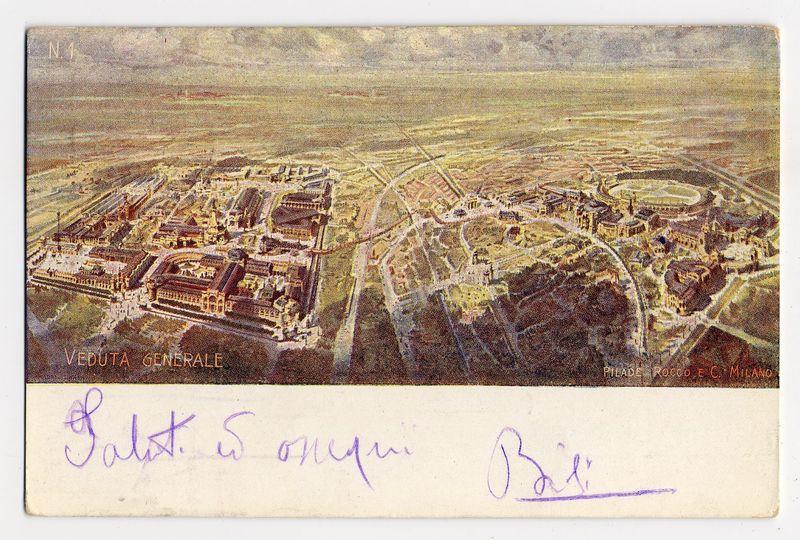 The image is a postcard featuring an aerial view of what appears to be the Milan Trade Fair from 1906, as indicated by the text. The photograph captures a vast expanse with numerous buildings and structures organized in geometric patterns typical of exposition grounds during that era. Notable features include large open spaces surrounded by various pavilions or exhibition halls.

The colors are muted, primarily composed of sepia tones overlaid on a yellowish background, which suggests the photo is either old-fashioned or intended to give an aged effect. Handwritten inscriptions in purple and blue ink dominate the bottom portion of the postcard: "Salut." (which might be part of "Saluti Onori") followed by illegible script that could spell out additional text. Above this, there's a signature with a flourish at the end, likely reading 'Bill,' next to another partial inscription possibly indicating a place like Milan.

The words "VEDUTA GENERALE" are prominently displayed in red and go
